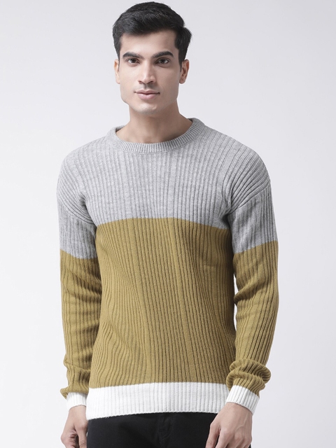 

Club York Men Grey & Olive Brown Colourblocked Pullover