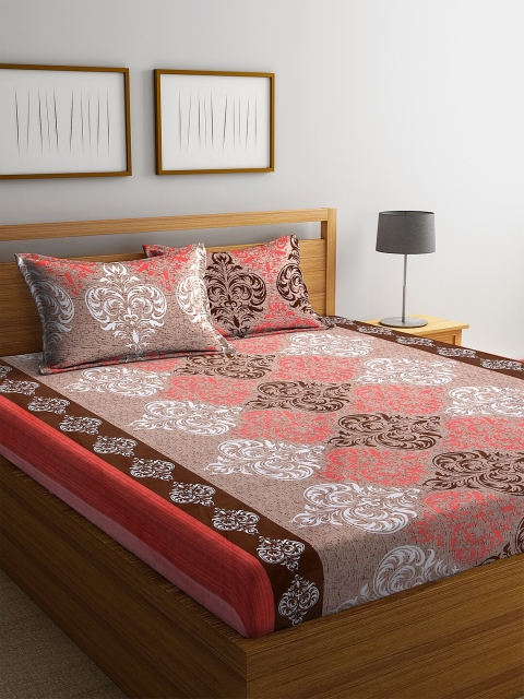 

NEUDIS Orange & Brown Floral 180 TC Cotton 1 King Bedsheet with 2 Pillow Covers
