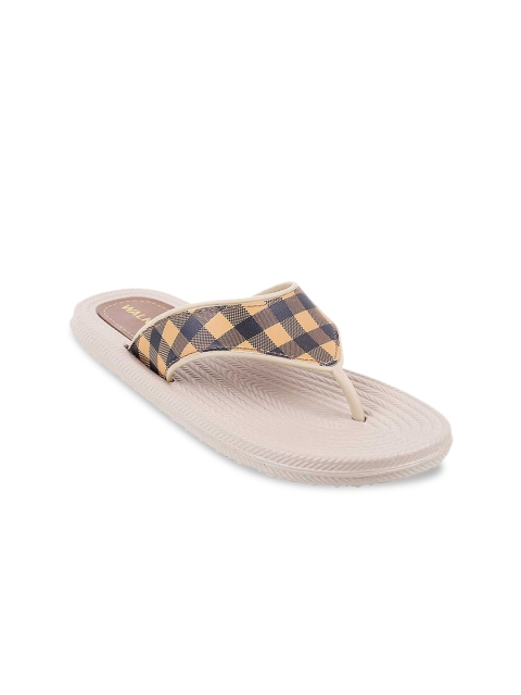 

WALKWAY Women Beige & Navy Blue Checked Open Toe Flats