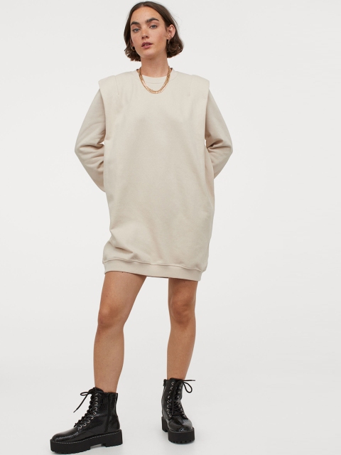

H&M Women Beige Solid Sweatshirt Dress