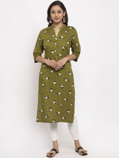 

TAG 7 Women Olive Green & Black Printed Straight Kurta