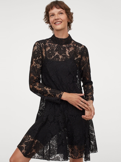 

H&M Women Black Lace Stand-Up Collar Dress
