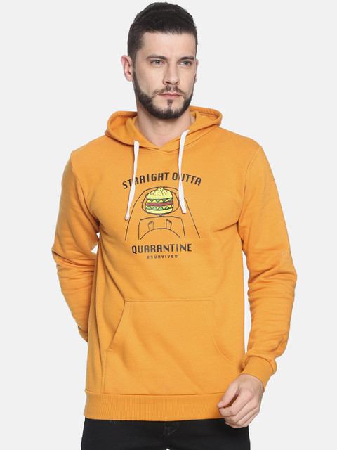 

Campus Sutra Men Mustard Yellow Printed Hooded Sweatshirt