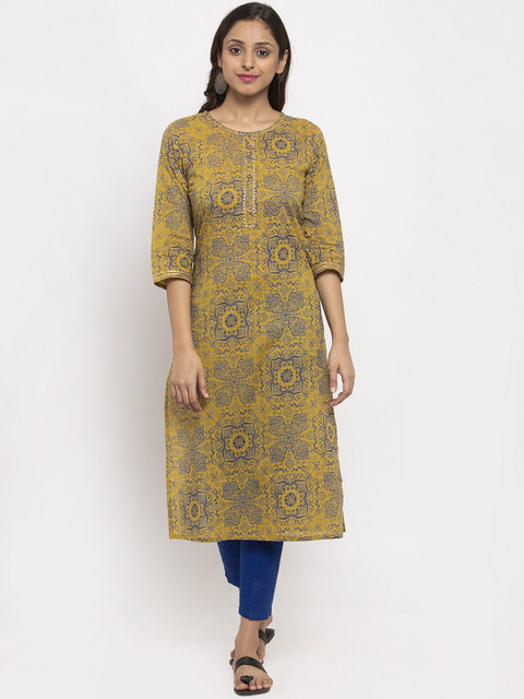 

TAG 7 Women Mustard & Navy Blue Printed Straight Kurta