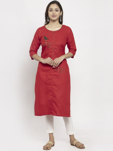 

TAG 7 Women Red & Black Embroidered Straight Kurta