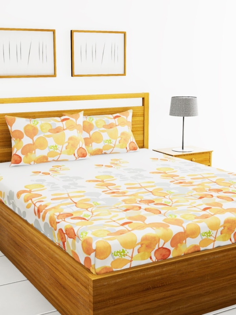 

BIANCA Orange & White Floral 180 TC Cotton 1 King Bedsheet with 2 Pillow Covers