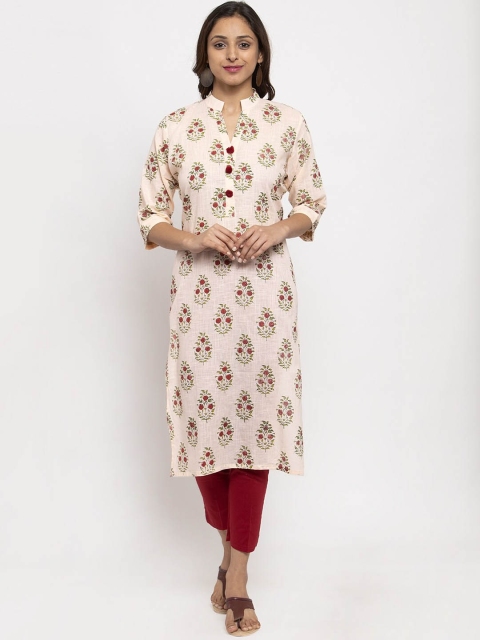 

TAG 7 Women Pink & Red Floral Block Print Straight Kurta