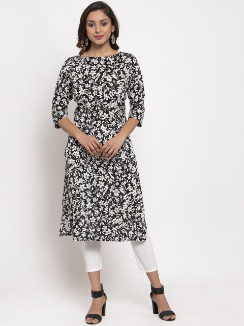

TAG 7 Women Black & White Floral Printed Straight Kurta