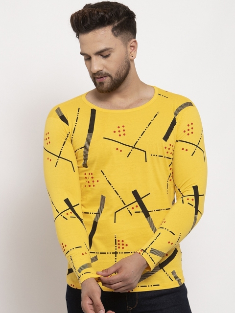 

KATSO Men Yellow & Black Printed Round Neck T-shirt