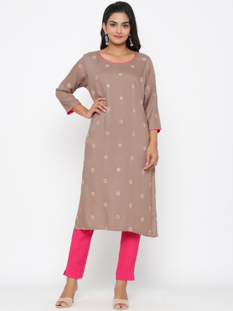 

WomenMagic Women Grey & Pink Embroidered Straight Kurta