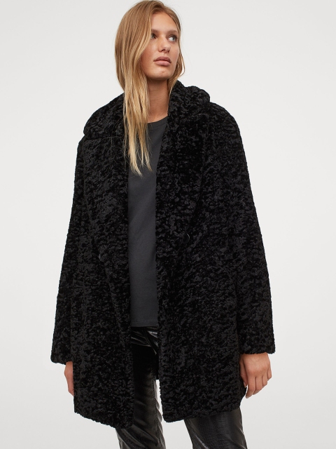 

H&M Women Black Solid Teddy Coat