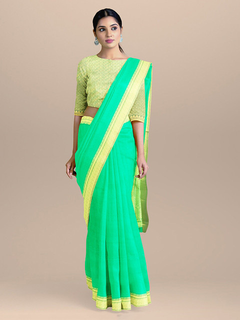 

BharatSthali Green & Gold-Coloured Silk Cotton Woven Design Banarasi Sustainable Saree