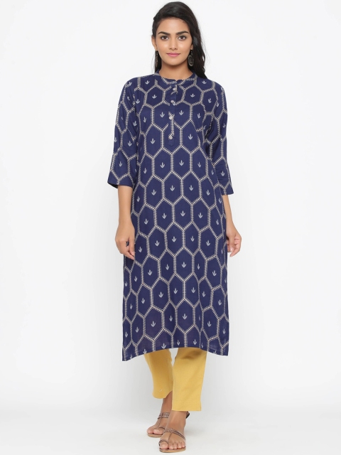 

WomenMagic Women Blue & White Printed Straight Kurta