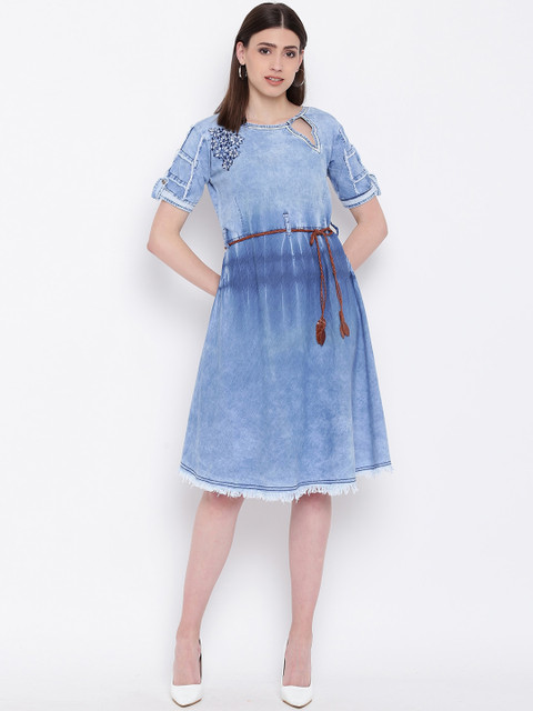 

Kvsfab Women Blue Solid Denim Fit and Flare Dress