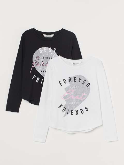 

H&M Girls White & Black Printed 2-Pack Jersey Tops