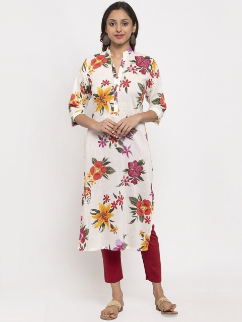 

TAG 7 Women White & Red Floral Printed Straight Kurta