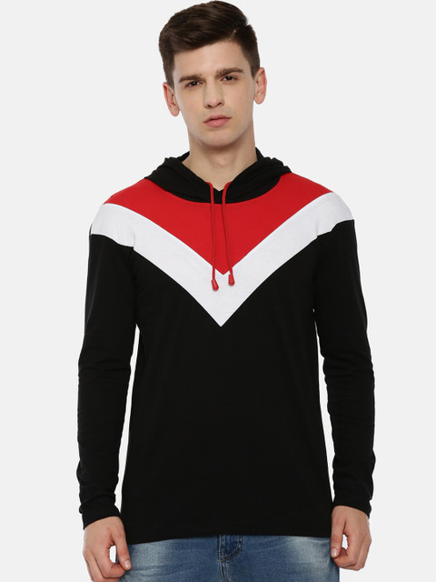 

KAY DEE Men Black Colourblocked Hood T-shirt