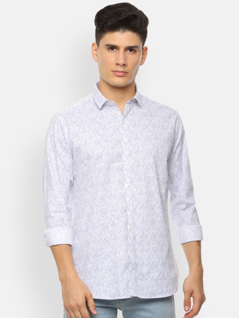 

V Dot Men White & Blue Floral Print Casual Shirt