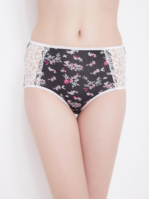 

Clovia Women Black & White Floral Printed Hipster Briefs With Lace Panels PN3300E13