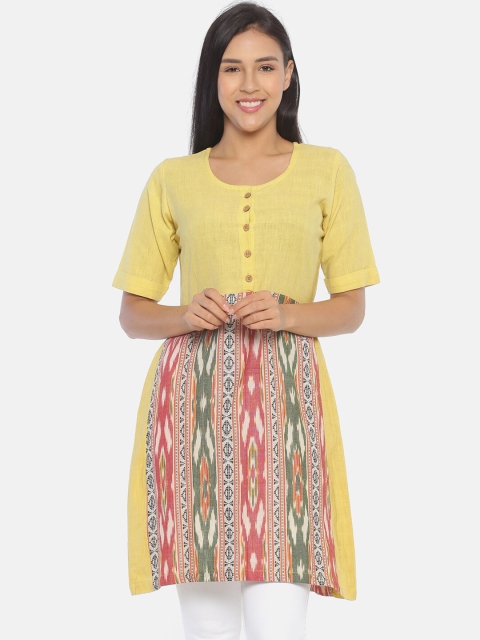 

Resha Women Yellow & Red Handwoven Ikat A-Line Kurti