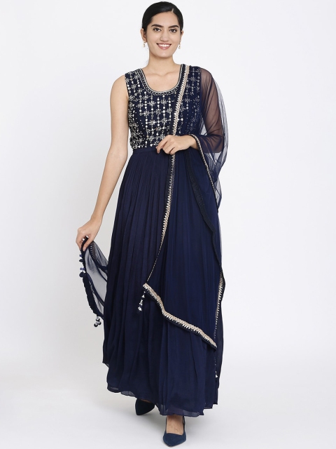 

Koskii Women Navy Blue Embellished Maxi Dress & Dupatta