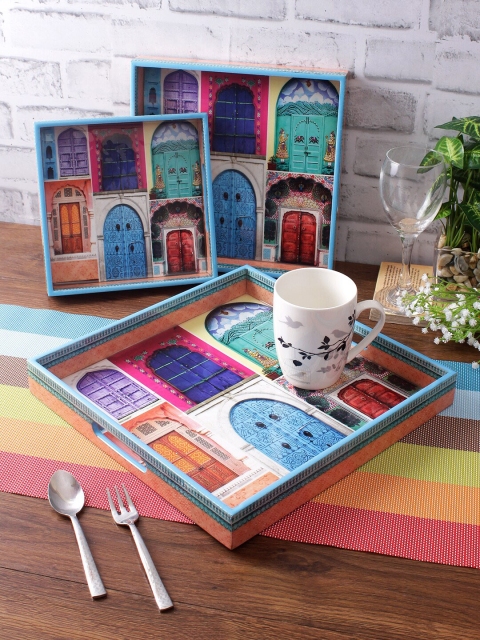 

eyda Multicoloured 3 Pieces Digital Printed MDF Square Serving Trays, Multi