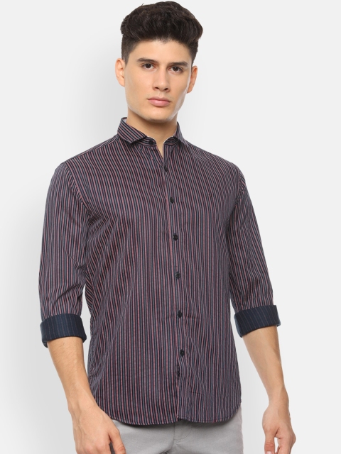 

V Dot Men Navy Blue Slim Fit Striped Casual Shirt