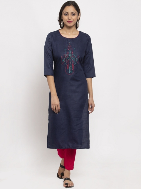

TAG 7 Women Navy Blue Embroidered Straight Kurta