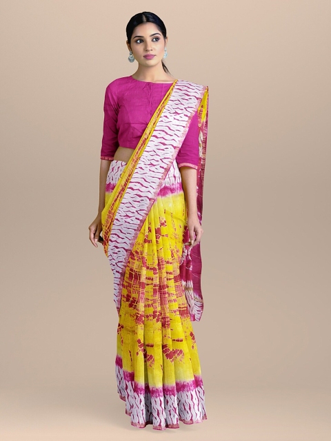 

BharatSthali Yellow & Magenta Pink Silk Cotton Printed Chanderi Saree