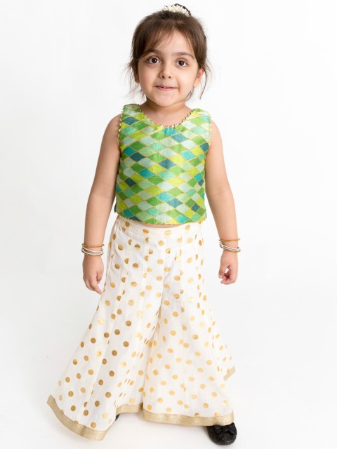 

Lil Peacock Girls Green & Cream-Coloured Printed Top with Palazzos