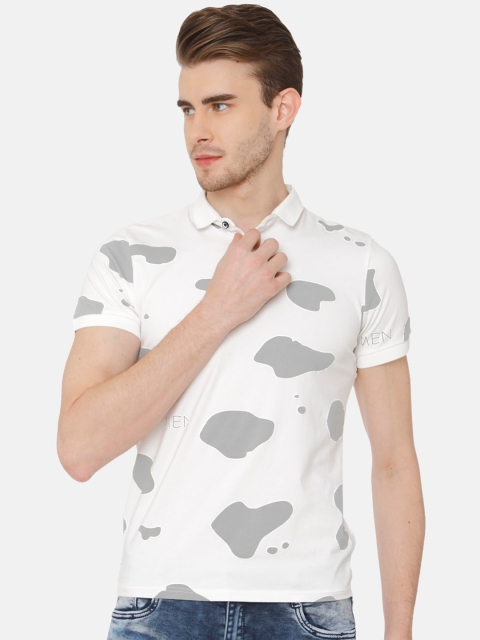 

Rex Straut Jeans Men White & Grey Printed Slim Fit Polo Collar T-shirt