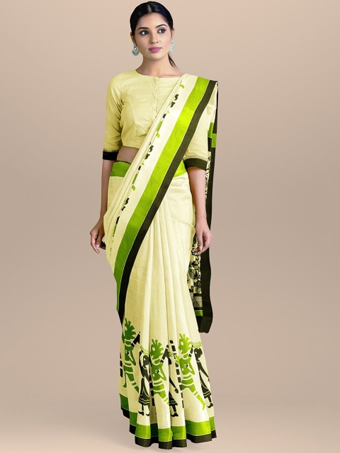

BharatSthali Cream-Coloured & Green Pure Cotton Printed Sustainable Saree