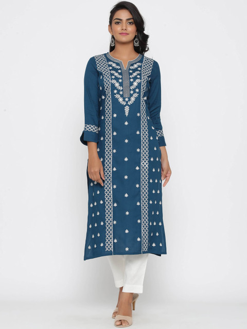 

WomenMagic Women Blue & White Floral Print Straight Kurta
