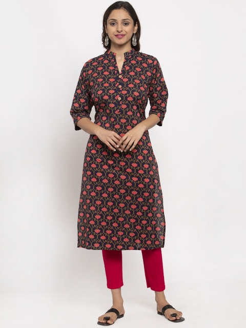 

TAG 7 Women Navy Blue & Pink Floral Printed Straight Kurta