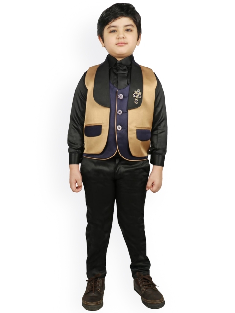

SG YUVRAJ Boys Black & Brown Solid Raw Silk Suit Set
