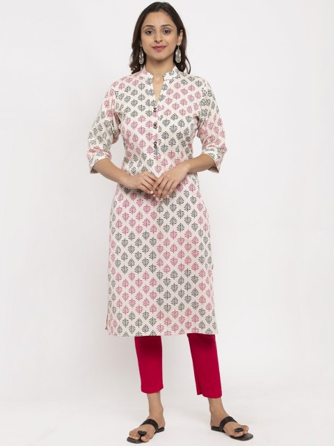 

TAG 7 Women White & Black Printed Straight Kurta