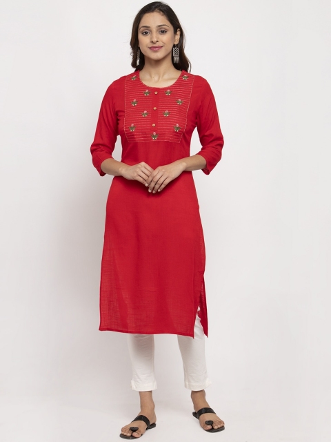 

TAG 7 Women Red Yoke Design Embroidered Straight Kurta