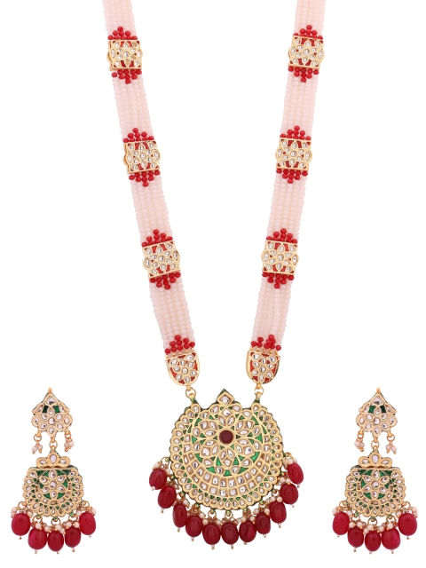 

Shoshaa Gold-Plated Pink & Red Kundan-Studded Beaded Enamelled Jewellery Set