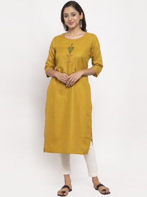 

TAG 7 Women Mustard Yellow & Green Embroidered Straight Kurta