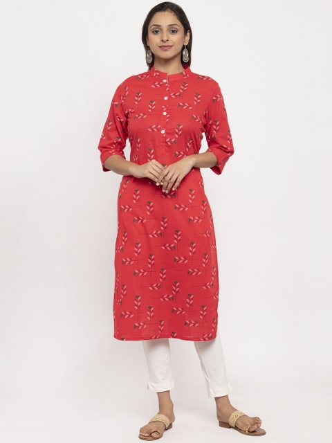 

TAG 7 Women Red & Green Floral Embroidered Straight Kurta