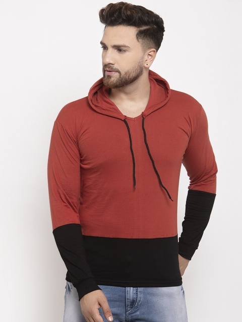 

KATSO Men Rust Red & Black Colourblocked Hood T-shirt