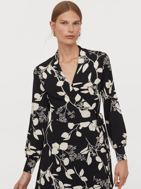 

H&M Women Black & White Floral Printed Calf-length Wrap Dress