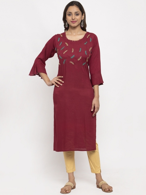 

TAG 7 Women Maroon & Green Embroidered Straight Kurta