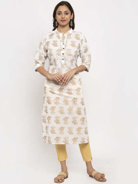 

TAG 7 Women White & Gold-Toned Printed Straight Kurta