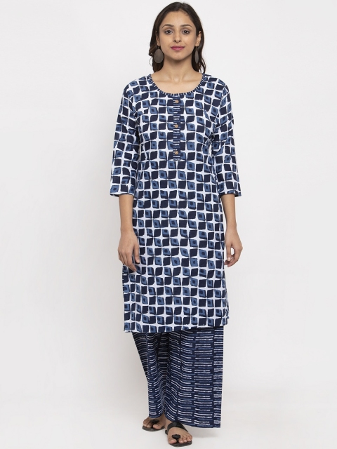 

TAG 7 Women Navy Blue & White Printed Kurti with Palazzos