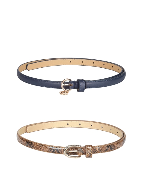 

CRUSSET Women Set Of 2 Blue & Tan-Brown Solid Slim Belts