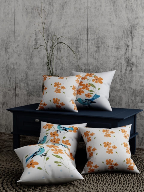 

EverHOME Cream-Coloured & Orange Set of 5 Floral Square Cushion Covers