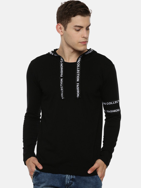 

KAY DEE Men Black Solid Hood T-shirt