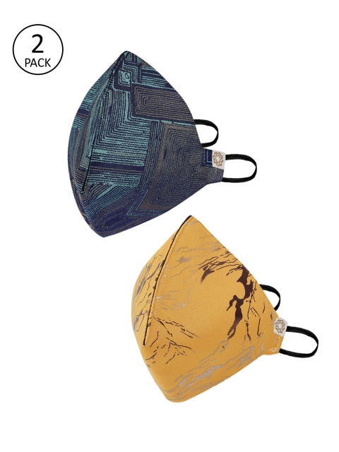 VASTRAMAY Unisex Pack of 2 Pcs Yellow & Blue Reusable 4-Ply Cloth Masks With Potli Bag