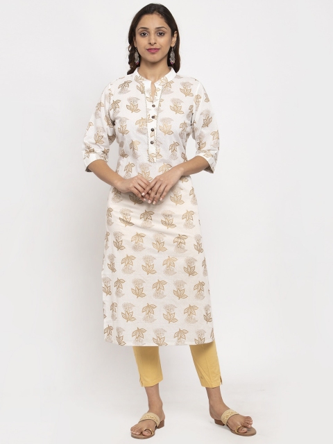 

TAG 7 Women White & Gold-Toned Printed Straight Kurta